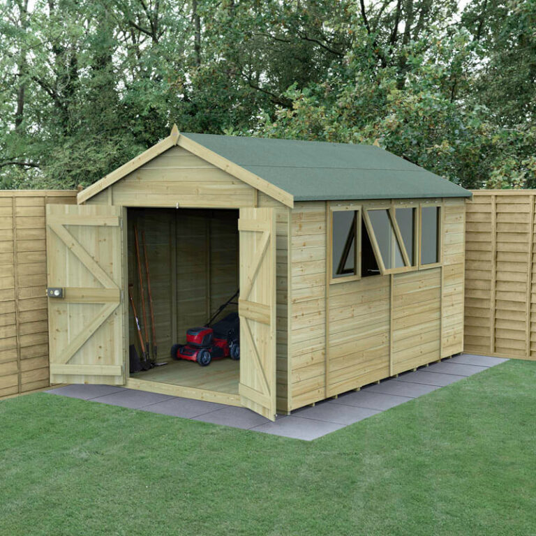 12' x 8' Forest Timberdale 25yr Guarantee Tongue & Groove Pressure Treated Double Door Apex Shed â 4 Windows (3.65m x 2.52m)