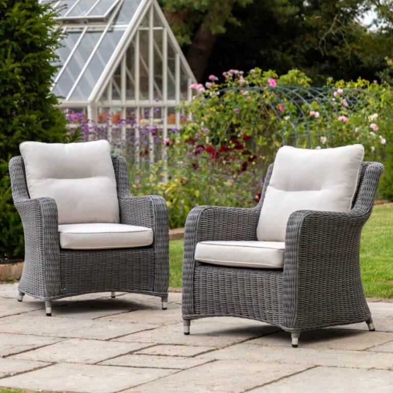 Wroclaw Outdoor Slate Rattan Armchairs With Cushion In Pair
