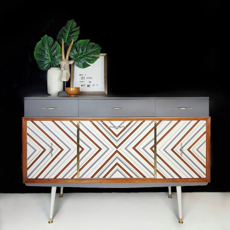 1950's Sideboard With 3D Geometric Chevron Design, Brown/Grey/White