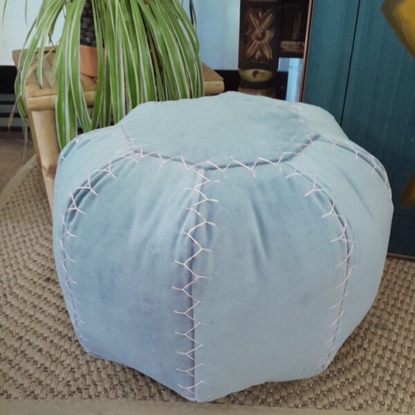 Celestial Blue Velvet And Pink Geometric Pouffe, Blue