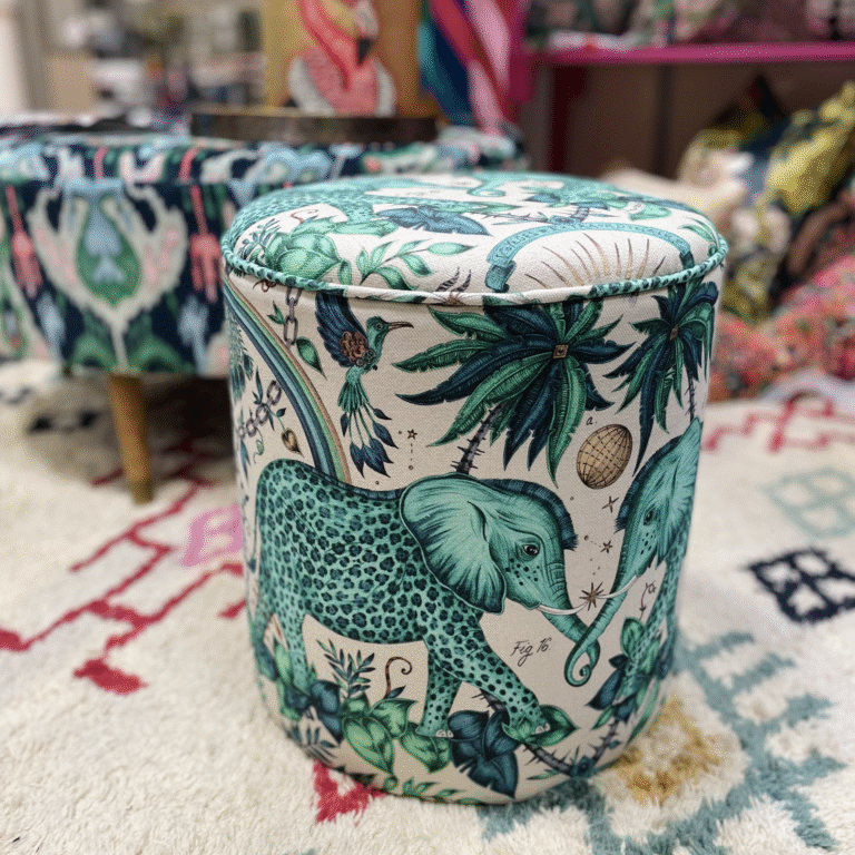 Dressing Table Stool In Green Elephant Linen, Cream/Green