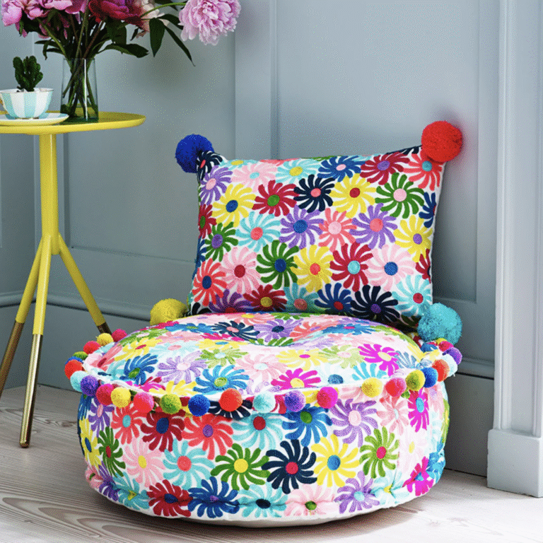 Multicoloured Hand Embroidered Pouffe, Multi-Coloured