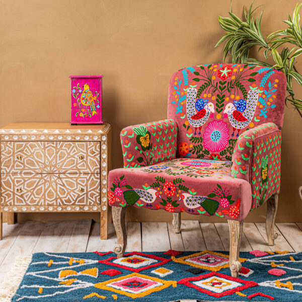 Pastel Pink Embroidered Velvet Armchair, Pink