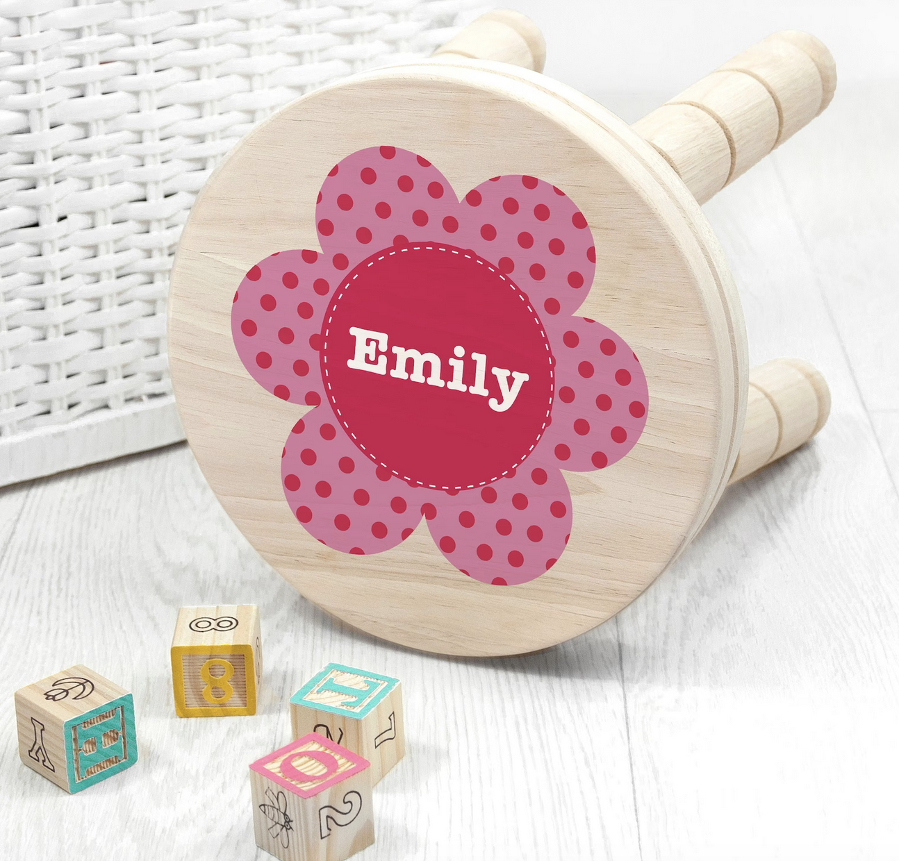 Personalised Childs Flower Wooden Stool, Pink