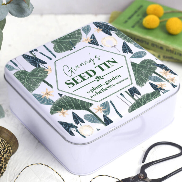 Personalised Garden Seed Tin For Grandma, Blue/Green/Grey