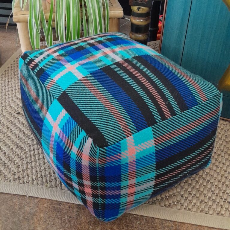 Salmon And Blue Tartan Footstool Pouffe, Black/Blue