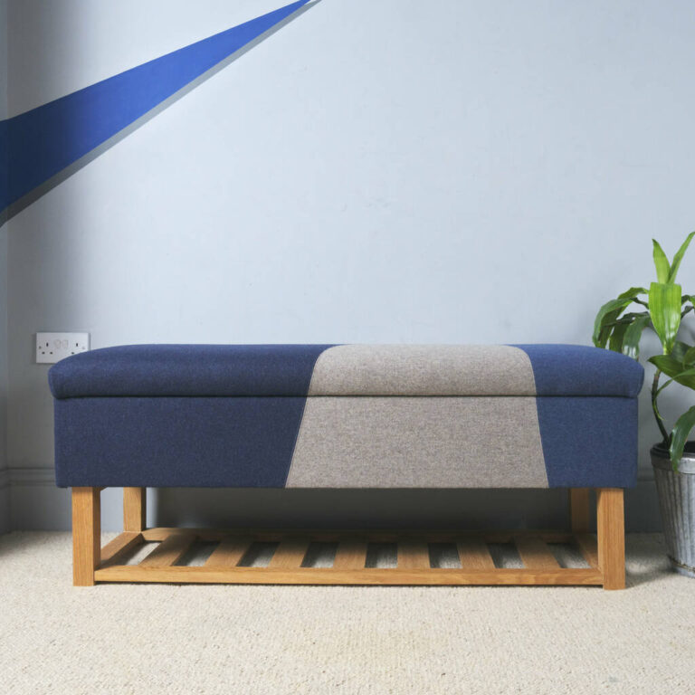Bespoke Fabric Covered Storage Bench With Shoe Shelf, Blue