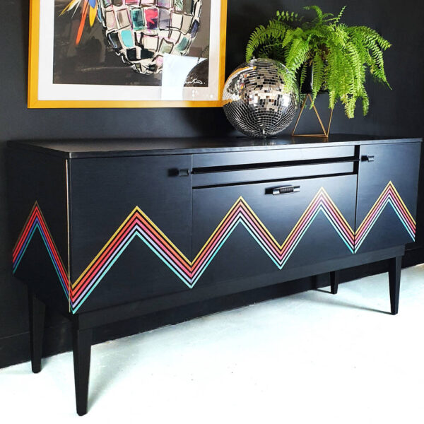 Vintage Cocktail Cabinet With Metallic Geometric Design, Black