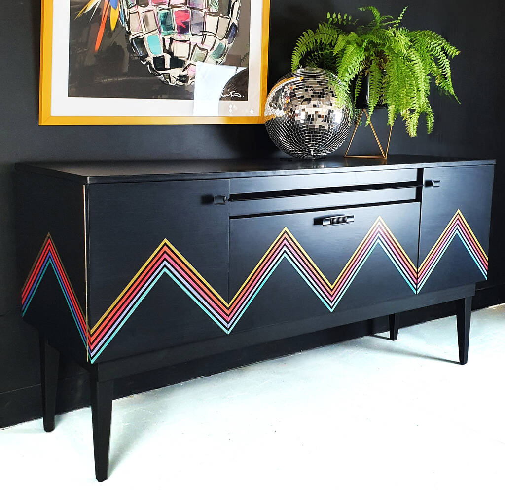 Vintage Cocktail Cabinet With Metallic Geometric Design, Black