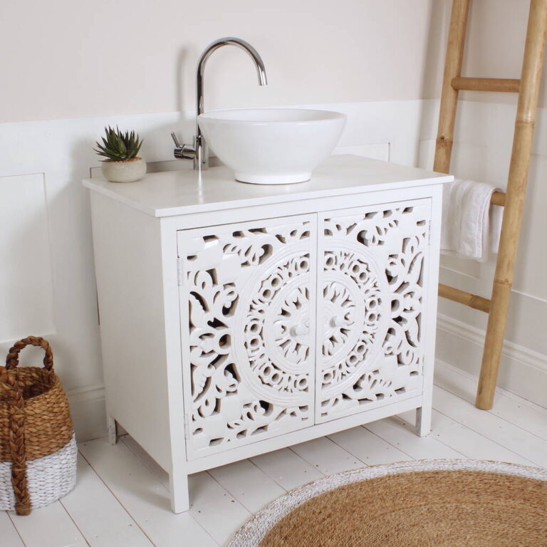 White Carved Bathroom Vanity Unit, White