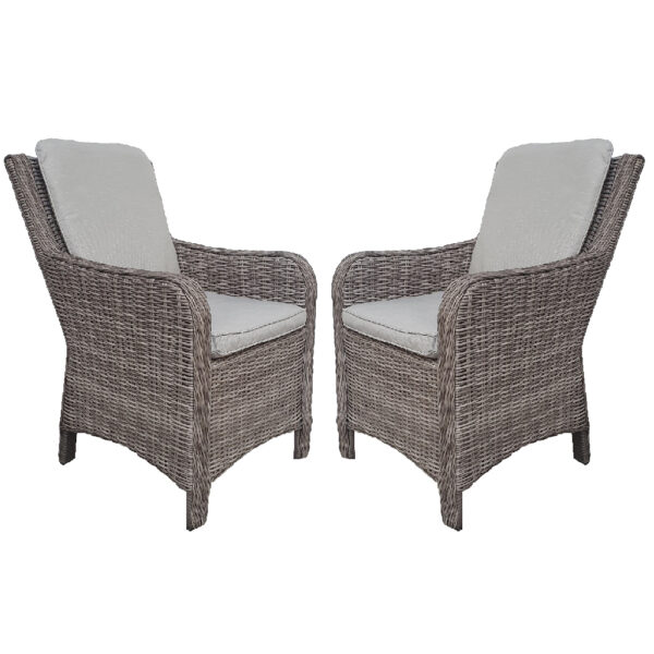 Abobo Grey Rattan Dining Armchairs With Cushions In Pair