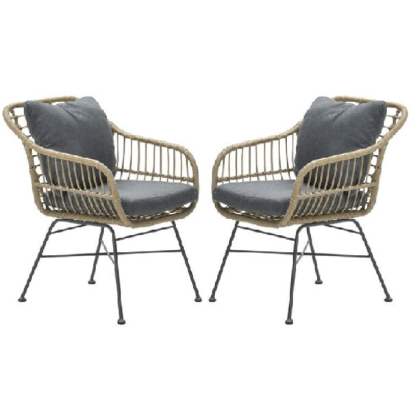 Macy Natural Rattan Garden Dining Chairs With Cushion In Pair
