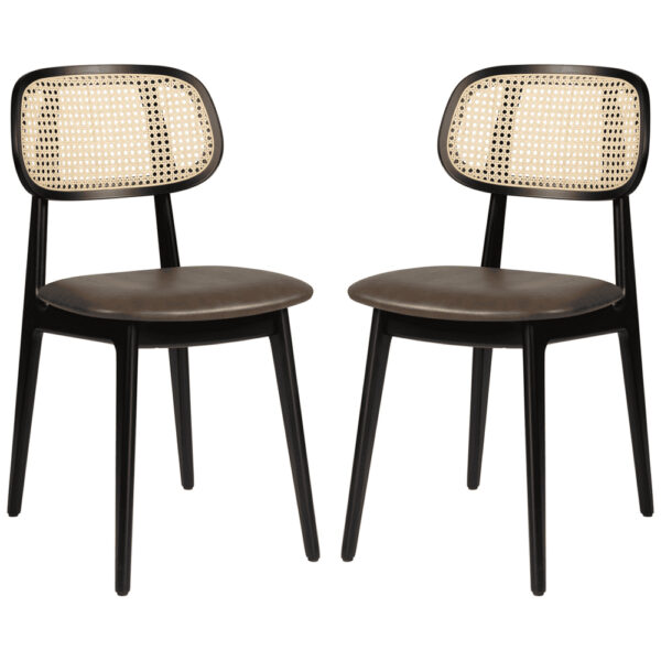 Romney Black Rattan Side Chairs With Brown Leather Seat In Pair