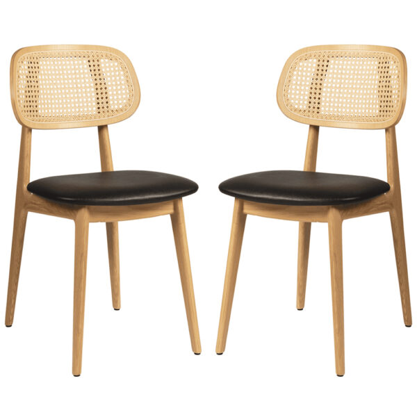 Romney Natural Rattan Side Chairs With Black Leather Seat In Pair