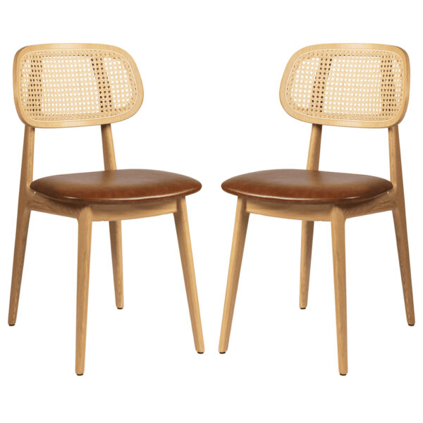 Romney Natural Rattan Side Chairs With Tan Leather Seat In Pair