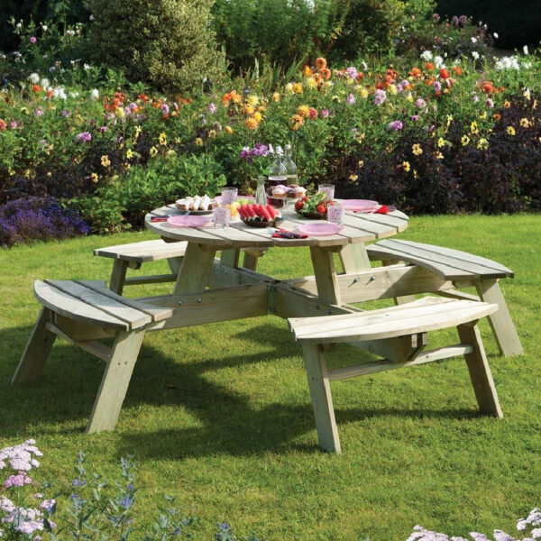 Zox Wooden Garden Round 8 Seater Picnic Table In Natural